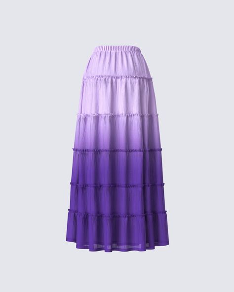 Step into a world of whimsy in this stunning purple ombre maxi skirt 💜 Crafted from plain-weave fabric with ruffled edges, this skirt features a dreamy gradient and a flowy silhouette making it perfect for your sunset and yap moments 😌 Dreamy Gradient, Future Of Fashion, Welcome To The Future, Tiered Maxi Skirt, Punk Rocker, Weave Fabric, No Waste, Purple Ombre, White Jersey