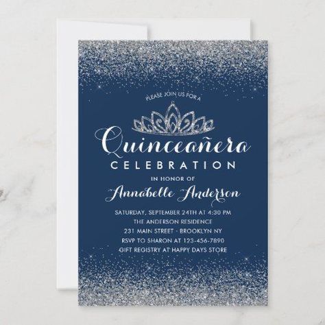 $2.40 | Classy Royal Blue Quinceañera Silver Tiara Glitter #quinceanera #quinceañera #birthday #misquince #royalblue #silverslateglitter #tiaraprincesscrown #elegant #modern #winterwonderland Winter Quinceanera, Royal Blue Quinceanera, Quinceanera Tiaras, Silver Invitation, Princess Birthday Invitations, Glitter Invitations, Silver Tiara, 40th Birthday Invitations, Quinceanera Party