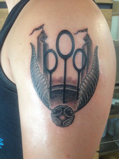 My Quidditch tattoo by Jake B at Golden Rule Tattoo Phoenix AZ Harry Potter Quidditch Tattoo, Quidditch Tattoo, Golden Rule Tattoo, Slytherin Tattoo, Harry Potter Gifts Diy, Crest Tattoo, Wizard Tattoo, Hp Tattoo, Potter Tattoo