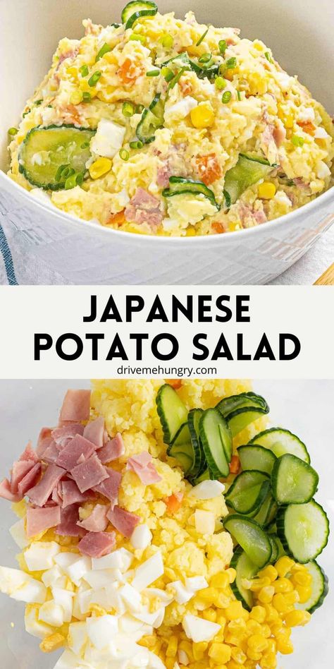 Japanese potato salad is a classic side dish featuring potatoes and crunchy vegetables with a creamy, tangy dressing made of Japanese Kewpie mayo! Easy Healthy Japanese Meals, Potato Salad Japanese, Japanese Potatoes Recipes, Asian Potato Salad, Japanese Vegetable Recipes, Japanese Sides, Japanese Side Dishes, Japanese Egg Salad, Japanese Picnic