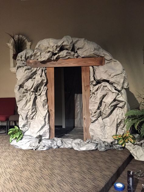 Easter Tomb Decorations, Resurrection Decorations Church, How To Make A Tomb For Easter Play, Easter Scene Ideas, Resurrection Sunday Backdrop, Biblical Times Decorations, Diy Tomb For Easter Play, Garden Of Gethsemane Decorations, Resurrection Day Decorations