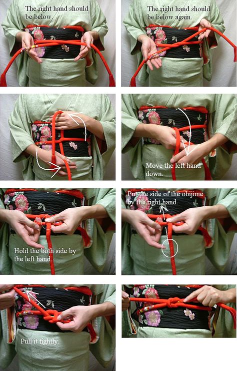 How to tie Obi jime How To Tie Kimono Obi, Kimono Obi Knot, Obijime Knot, How To Wear Kimono, Japanese Traditional Clothing, Japanese Costume, Japanese Obi, Kimono Japan, Japanese Clothing