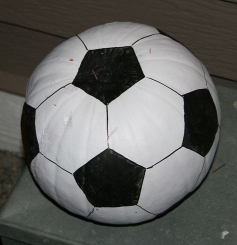 Soccer Pumpkin Painting, Soccer Ball Pumpkin Painting, Soccer Ball Pumpkin Carving, Soccer Pumpkin Carving, Soccer Ball Pumpkin, Pumpkin Soccer Ball, Lacrosse Pumpkin, Football Pumpkins Painted, Sports Painted Pumpkins