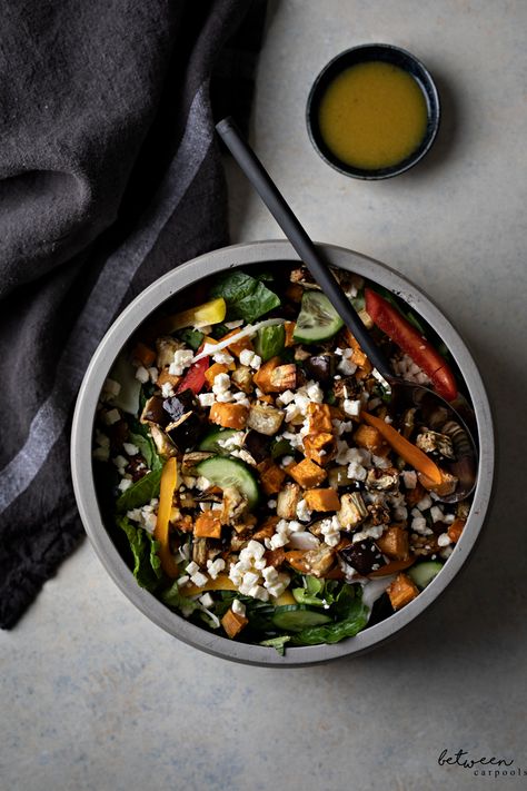 This Eggplant & Sweet Potato Salad Will Go First - Between Carpools Eggplant Sweet Potato, Roasted Eggplant Salad, Roasted Veggie Salad, Sweet Potato Salad, Eggplant Salad, Roasted Eggplant, Roast Eggplant, Hearty Salads, Salad With Sweet Potato