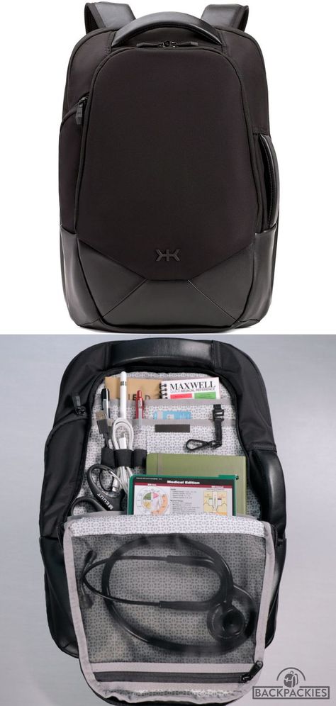 Top photo - The Knack Pack Series 2 backpack in the color black. Bottom photo - inside the organizer compartment of the Knack Pack Series 2 backpack. The pockets are filled with items for medical school such as a stethoscope, medical reference guide book, pens, and phone charger. Backpack For Grad School, Medical School Backpack, Grad School Backpack, Medical School Bag, Backpack University, Best Backpacks For College, Medical Backpack, Best Backpacks, Hostel Room