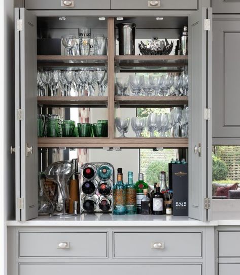 Kitchen Bar Cupboard Ideas, Dining Room Cupboards Storage, Humphrey Munson Bar, Bar In A Cupboard, Cabinetry Dining Room, Kitchen Drinks Cupboard, Built In Dresser Dining Room, Bar Cabinetry Ideas, Kitchen Glassware Storage