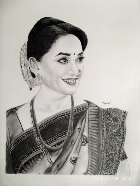 Bollywood Films, Saree Beautiful, Indian Cinema, Popular Actresses, Madhuri Dixit, Celebrity Art, Pencil Sketch, Oil Pastel, Most Popular