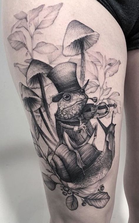 Etching Tattoo, Autumn Tattoo, Garden Tattoos, Surreal Tattoo, Mushroom Tattoos, Frog Tattoos, 4 Tattoo, Tattoo Cover, Line Work Tattoo