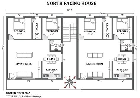 60'X35' FREE Low-rise residential building plan as per Vastu shastra is given in this FREE 2D Autocad drawing file. Download now. - Cadbull 2d Autocad Drawing, Residential Building Plan, South Facing House, Flat Plan, West Facing House, North Facing House, Vastu House, Indian House Plans, Airbnb Design