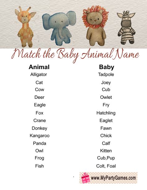 Free Printable Match The Baby Animal Name Game Animal Gestation Game Free Printable, Baby Animal Name Game, Animal Matching Game, Baby Zoo Animals, Baby Animal Names, Animal Baby Shower Games, Pet Crafts, Shower Activities, Free Printable Baby Shower Games