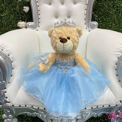 Blue Quinceanera Teddy Bear, Quinceanera Bear, Quinceanera Teddy Bear, Sweet 16 Cinderella Theme, Quinceanera Blue, Baby Blue Quinceanera, Teddy Bear Dress, Light Blue Quince, Cinderella Quinceanera Themes