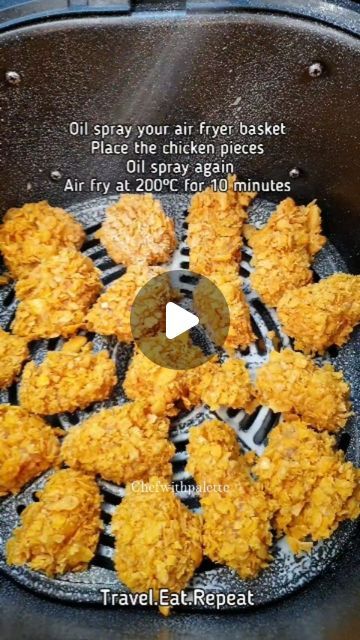 Khadija Siddiqui on Instagram: "The best way to make Popcorn Chicken In Air Fryer! 

Ingredients and steps:

500g boneless chicken breast
1 tsp salt 
1 tsp black pepper 
1 tsp garlic granules 
1 tsp onion granules 
1 tsp paprika 
1 tsp white pepper 
1 tbsp yellow mustard paste
Pinch of baking soda
Coat the chicken.Set aside for 30 minutes. 
In a bowl, crack 2 eggs, add 1 tbsp cornflour/cornstarch and1 tbsp plain all purpose flour. Mix them until no lumps remain. Add 1/4 cup milk and mix.Add the egg mixture to chicken and mix everything. Take plain cornflakes 
Crush them with hands or rolling pin. Coat the chicken with cornflakes.
Oil spray your air fryer basket. Place the chicken pieces. Oil spray again. Air fry at 200ºC for 10 minutes. Flip after 10 minutes, oil spray the other side. Redu Chicken Pops, Chicken In Air Fryer, Chicken Pop, Chicken Pieces, Ciabatta Bread, Air Fried Chicken, Air Fryer Recipes Chicken, Popcorn Chicken, Food Chicken