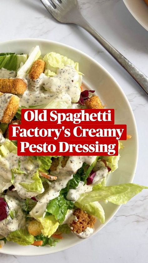 Old Spaghetti Factory's Creamy Pesto Dressing | Salad dressing recipes homemade, Homemade salads, Pesto dressing Urbane Cafe Salad Dressing, Greek Salad With Sardines, Unique Salad Dressing Recipes, Olivia Wilde Salad Dressing, Salad Dressings Recipes, Creamy Pesto Dressing, Mizithra Cheese, Spaghetti Factory, Pesto Dressing