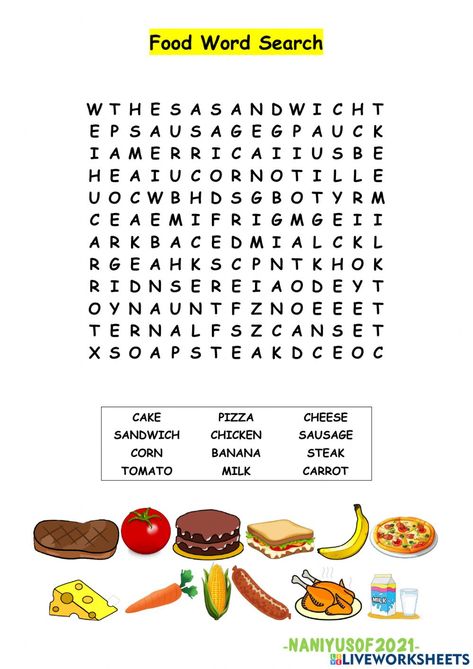 Food Word Search, Food Worksheet, Food Alphabet, English Activity, English Activities, Food Words, School Subjects, Online Workouts, Google Classroom