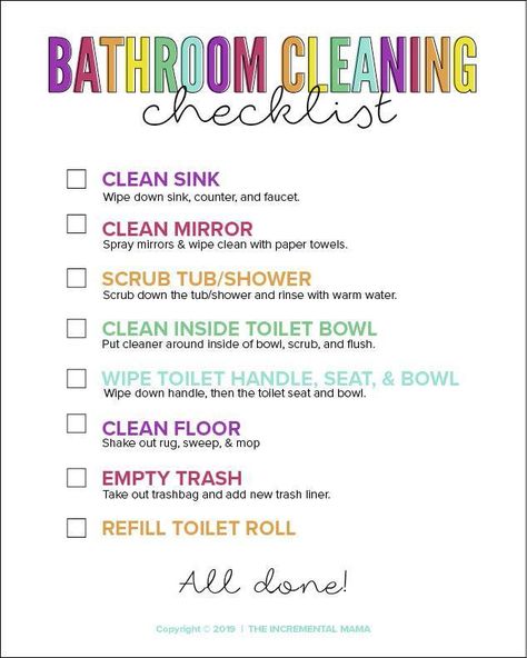 Free printable bathroom cleaning checklist for kids! Plus tips to get your kids to clean the bathroom. #bathroomchecklistforkids #freeprintablechecklist Bathroom Checklist, Bathroom Cleaning Checklist, Deep Cleaning Hacks, Cleaning Faucets, Bathroom Printables, Cleaning Painted Walls, How To Clean Mirrors, Kids Cleaning, House Cleaning Checklist