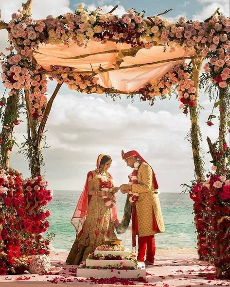 A perfect setting for a beach wedding. Get married in Goa, Bali, Thailand, Abu Dhabi and 50+ beach locations. For destination wedding… Indian Beach Wedding, Mandap Design, Mandap Decor, Wedding Mandap, Wedding Stage Decorations, Stage Decorations, Hindu Wedding, Indian Wedding Decorations, Wedding Stage