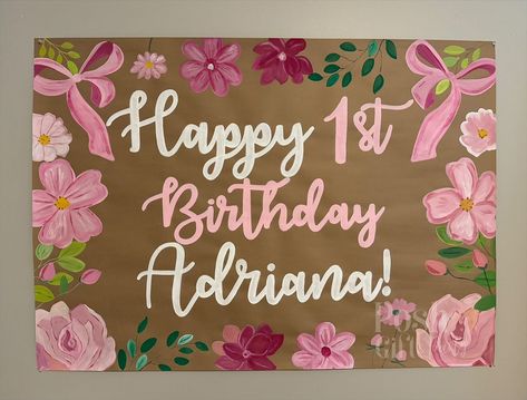 Pretty in pink for the sweetest first birthday! 🎀🌸 This custom hand-painted banner adds the perfect touch of girly charm! #paperbanners #custombanner #birthdaydecor #firstbirthday #1stbirthday Painted Banner, Paint Font, Birthday Painting, Sweet Sixteen Parties, Banner Birthday, Personalized Banners, Paper Banners, Happy 1st Birthdays, Custom Banners