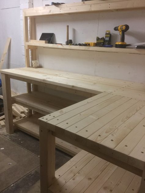 Work bench L Shape Work Bench, Garage Work Bench Diy Workbench Designs, L Shaped Work Bench, Shop Work Bench Ideas, Craft Work Bench, Garage Work Bench Ideas, Diy Work Table, Work Bench Ideas, Garage Bench