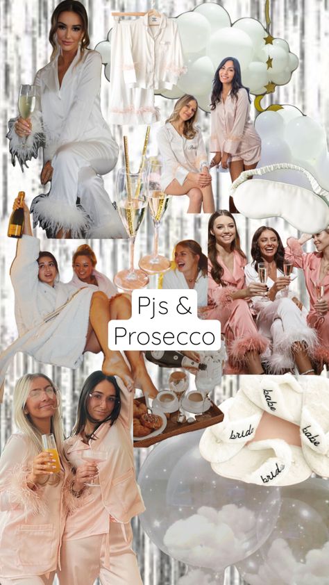 Bachelorette Party Event Ideas, Bachlorette Party Inspiration, Bachelorette Party Themes Champagne, Boujee Bachelorette Party Themes, Bach Party Sleepover, Bachelorette Sleepover Aesthetic, Sleepover Theme Bachelorette Party, Prosecco And Pajamas, Pjs Polaroids And Prosecco