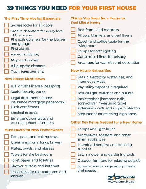 39 Things You Need For Your First House | Zip Moving and Storage What To Buy Before Moving Out First Time, First Home Move In Checklist, Things To Buy Before Moving Out, How To Start Packing To Move, Moving Out For The First Time, First House Checklist, Door Bed Frame, New Home Shopping List, Kitchen Couch