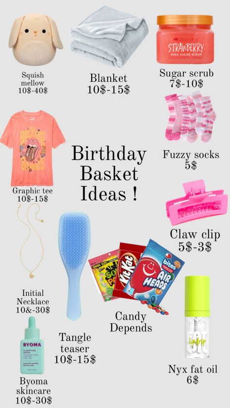 Affordable Gift Baskets, Cute Christmas Ideas, Birthday Basket, Birthday Gifts For Teens, Fuzzy Socks, Gift Basket Ideas, 15th Birthday, Basket Ideas, Gift Basket