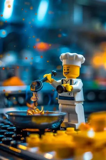 ↑↑↑ Larger size on website 🔸 A Lego chef, wearing a white chef's hat, is pouring something from a ladle into a pan on a stove. Th 🔸 From Midjourney AI Image Action Figures Photography, Lego Words, Lego Figurine, Kereta Sport, Lego Spiderman, Lego Wallpaper, Late Morning, Blurred Lights, Wall Street Art