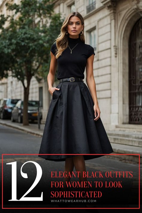 Discover 12 black outfit ideas that embody chic elegance for women. Whether it’s for an office look or a night out, these outfits redefine sophistication with a touch of style. Perfect for any wardrobe. #ChicStyle #SophisticatedFashion Jumpsuit Styling, Black Outfits For Women, Black Blazer Style, Black Outfit Ideas, Look Sophisticated, Black Turtleneck Sweater, Jumpsuit Elegant, Sweater Layering, Black Outfits