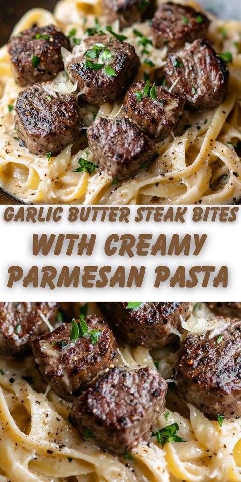 Savor the rich flavors of Garlic Butter Steak Bites with Creamy Parmesan Pasta—a quick, restaurant-quality meal featuring tender steak in a garlic butter sauce over luscious Parmesan pasta. Perfect for a satisfying weeknight dinner! Garlic Butter Steak Tips With Rigatoni, Garlic Butter Steak Bites With Parmesan Cheese Sauce, Creamy Garlic Butter Steak Rigatoni, Garlic Butter Steak Bites With Parmesan Noodles, Dinner Ideas With Steak Bites, Garlic Steak Bites And Pasta, Garlic Parmesan Beef Tips, Creamy Steak Recipes, What To Serve With Steak Bites