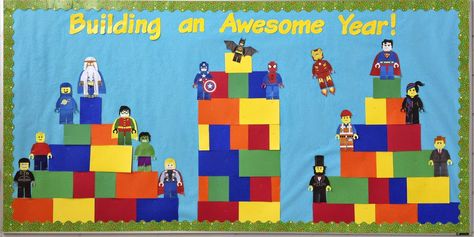 Mrs. O Knows: Lego Back to School Bulletin Board Lego Bulletin Board, Lego Classroom Theme, Reading Bulletin Boards, Preschool Bulletin, Library Bulletin Boards, Back To School Bulletin Boards, Back To School Night, Bulletin Board Ideas, Construction Theme