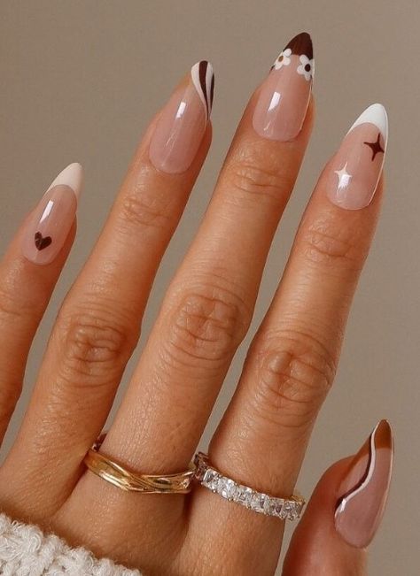 November Nails Ideas French Tip, November French Nails, Starbucks Nails Designs, Nail Art Different On Each Nail, Brown And White French Tip, Coffee Inspired Nails, Cream And Brown Nails, Thanksgiving Nail Designs Fall Simple, Fall Almond Nails Designs