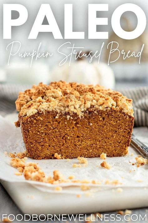 This Paleo Pumpkin Bread is THE BEST. It is fluffy, moist, full of all those warm seasonal spices and topped with the perfect streusel. This gluten-free and paleo-friendly bread tastes like Fall and pairs perfectly with a cup of coffee in the morning! Pumpkin Bread With Streusel Topping, Pumpkin Bread With Streusel, Paleo Pumpkin Bread, Gluten Free Pumpkin Bread, Bread Toppings, Paleo Pumpkin, Pumpkin Bread Recipe, Streusel Topping, Paleo Dessert