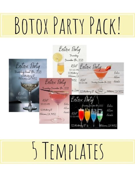 5 Templates For Printable Invite Flyers & Digital Evites via Smartphone Text Email Socials Botox Parties, Wifi Password Sign Printable, Wifi Password Sign, Business Printables, Bookkeeping Templates, Botox Fillers, Adobe Acrobat, Printable Signs, Party Packs