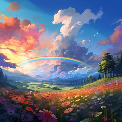 #rainbow #flowers #fieldofflowers #landscape #nature #summer #beautiful #colorful #happy #joy #peace #love #naturephotography #landscapephotography #flowerphotography #rainbowphotography #earth #world #explore #adventure #travel #wanderlust #vacation #holiday Paintings Of Rainbows, Rainbow Landscape Painting, June Moodboard, Rainbow Landscape, Joy Peace Love, Rainbow Drawing, Earth World, Mountains Painting, Rainbow Pictures