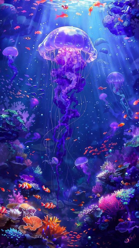 Fantasy Sea Art, Sea Creature Wallpaper, Ecosystem Drawing, Ocean Fantasy Art, Random Sketch Ideas, Jellyfish Aesthetic, Fantasy Sea, Aquarium Art, Fish Under The Sea