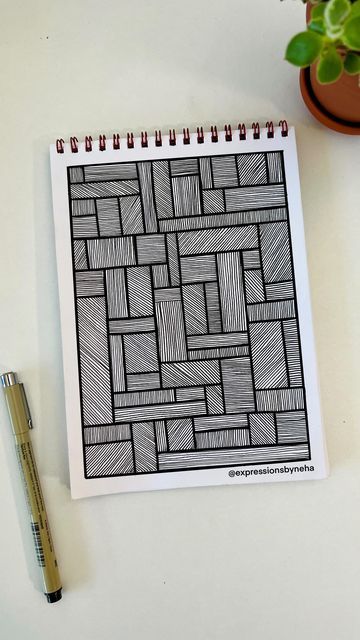 Neha Modi on Instagram: "This pattern is great not just to slow down but also practice your line work. You can play around with the layout, the gap between the lines, the direction of the lines and etc. Just make sure that you are conscious of each and every line movement, not for the sake of perfection but to relish the joy of being in the present moment :) . . . . . . . . . . #artmeditation #meditativeart #meditativemind #mindfulart #mindfulartist #mindfulpractice #artpractice #skillshare #sk Line Doodles Abstract, Pattern With Lines, Line Movement Art, Different Lines In Art, Line Pattern Drawing, Drawing Lines Practice, Drawing With Straight Lines, Movement Art Drawing, Line Practice Drawing