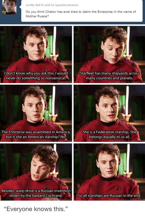 Star Trek Chekov, Funny Star Trek, Anton Yelchin, Star Trek Funny, Starship Enterprise, Star Trek Tos, Across The Universe, The Final Frontier, Uss Enterprise