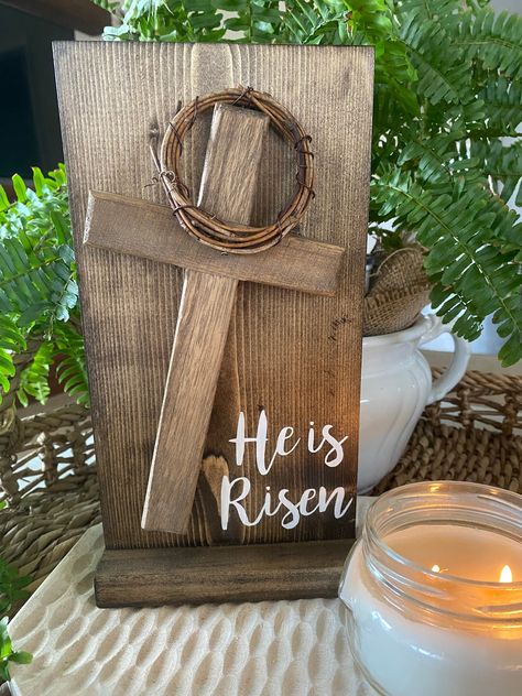 He Is Risen Porch Leaner, Easter Wood Crafts To Sell, He Is Risen Decor, He Is Risen Craft, Wood Easter Decor, Easter Mantle Decor, He Is Risen Sign, Dollar Tree Easter Crafts, Easter Mantle