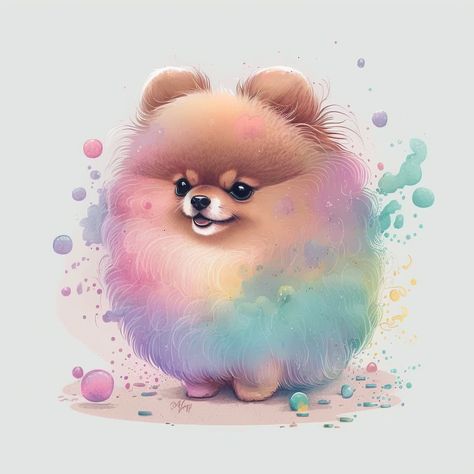 Pomeranian dog watercolor kawaii cute style illustration, created by Ai Pomeranian Character Design, Cute Puppies Cartoon, Pom Dog Tattoo, Kawaii Dog Illustration, Pomeranian Wallpaper Aesthetic, Pomeranian Wallpaper, Pomeranian Tattoo, Watercolor Pomeranian, Kawaii Pomeranian