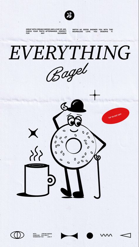 Poster of Everything Bagel Bagel Poster, Bagel Drawing, Bagel Illustration, Bagel Art, Bagel Cafe, Zine Ideas, Bagel Shop, Museum Poster, Everything Bagel