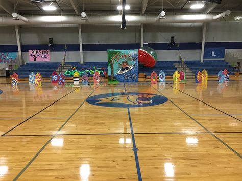 Hawaiian Themed Pep Rally 8•26•16 Gym Decorations Beach Pep Rally, Rally Ideas, Rally Idea, Homecoming Ideas, Pep Rally, Hawaiian Theme, Student Council, School Motivation, Homecoming