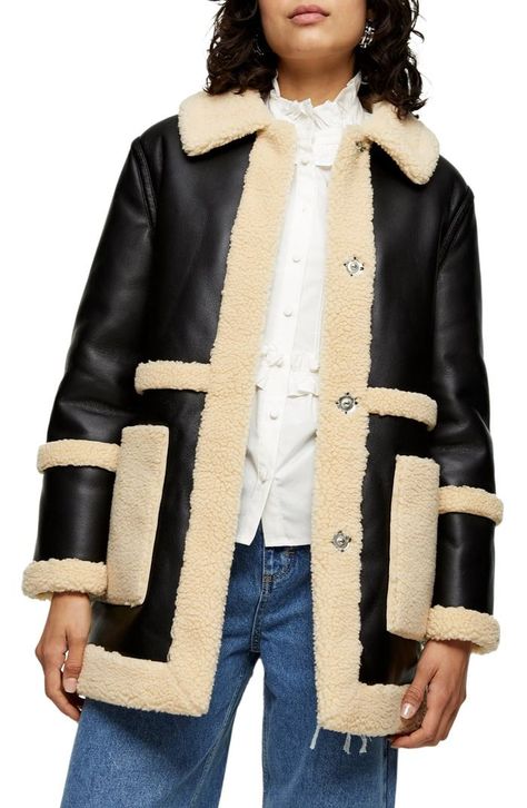 Topshop Raven Reversible Faux Shearling Coat Black Outerwear, Faux Shearling Coat, Borg Jacket, Smooth Face, Fashion People, Cute Swag Outfits, Shearling Coat, Leather Blazer, Shearling Jacket