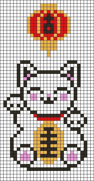 Lucky Cat Cross Stitch, Alpha Pattern Animals, Pixel Art Japanese, Small Alpha Patterns, Pixel Art Animals, Easy Pixel Art, Chinese Lantern, Pixel Crochet, Graph Paper Art