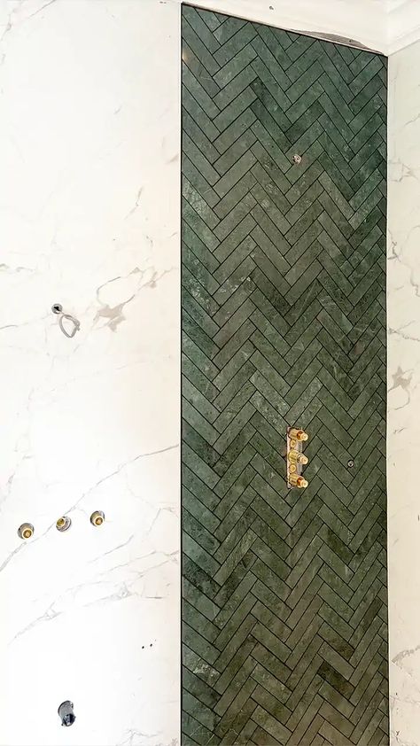 Green Herringbone Tiles Kitchen, Dark Green And Marble Bathroom, Marble And Green Tile Bathroom, Green Herringbone Tile Bathroom Floor, Dark Green Herringbone Tiles Bathroom, Green Tile Feature Wall Bathroom, Green Feature Tile Bathroom, Green Feature Tiles Bathroom, Large Green Tile Bathroom