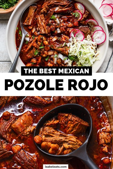 Traditional pozole rojo is the best Mexican comfort food! This authentic stew features tender pork and hominy cooked in a red chile broth. Red Chili Stew, Beef Pozole Recipe, Beef Pozole, Red Posole Recipe, Pozole Recipe Pork, Red Posole, Pasole Recipe, Pozole Rojo Recipe, Mexican Christmas Food