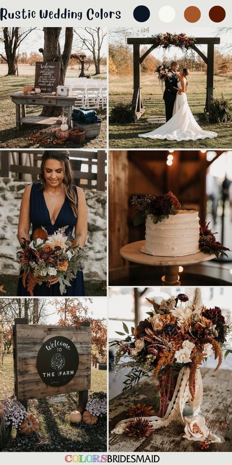 Top 20 + Rustic-themed Wedding Color Combos - ColorsBridesmaid Wedding Colors With Copper, Rustic Wedding Decor Color Schemes, Rustic Wedding Colour Palettes, Country Wedding Colour Scheme, Late October Wedding Colors, Rustic Country Wedding Colors, Rustic Wedding Colors Fall, Western Wedding Palette, Early November Wedding