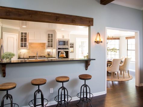 Fixer Upper: Yours, Mine, Ours and a Home on the River | HGTV's Fixer Upper With Chip and Joanna Gaines | HGTV Kitchen Pass Through Ideas, Beam Kitchen, Pass Through Kitchen, Kitchen Pass Through, Kitchen Pass, Bath Redo, Wood Beam, Kitchen And Dining Room, Kitchen Farmhouse