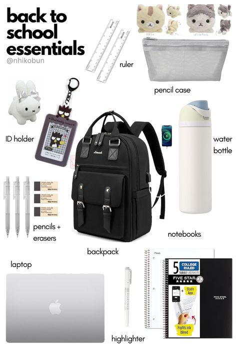 ⭐ Back to school must haves! Aesthetic and trendy essentials: backpack, water bottle, muji staionary, laptop, etc. Backpack Essentials Highschool, Business Travel Backpack, College Supplies, School Must Haves, Backpack Essentials, Back To School Bags, School Bag Essentials, College Backpack, Back To School Essentials