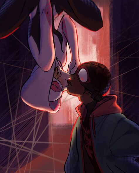 Miles And Gwen Upside Down, Miles Morales And Gwen Stacy Kiss, Gwen And Miles Upside Down, Spider Man Kiss Drawing Reference, Miles And Gwen Fanart Cute, Miles And Gwen Kiss, Gwen X Miles Morales, Miles And Gwen Art, Gwenpool And Miles Morales