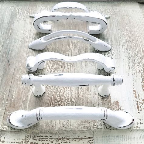 Painted Drawer Pulls, Painting Drawer Pulls, Desk Renovation, Chalk Paint Dining Table, Farmhouse Drawer Pulls, Drawer Pulls Diy, White Drawer Pulls, Furniture Build, Shabby Chic Cabinet