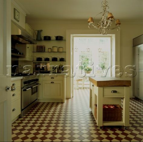 creamy brown kitchen--look at the floor!! Cream Tile Kitchen, Tile Kitchen Floor, Cream Kitchen Tiles, Editorial Home, Cream Tile, Vintage Style Kitchen, Floor Designs, Photography Agency, Cream Kitchen